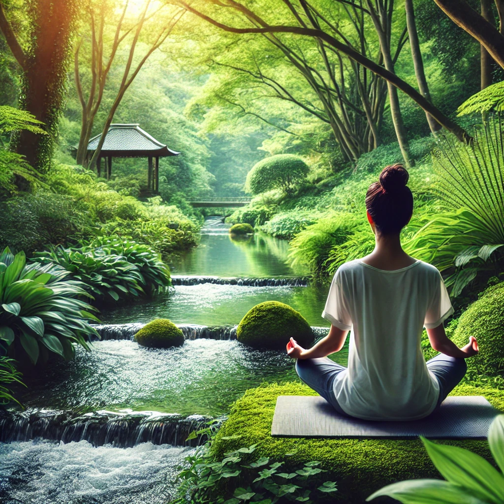 Person meditating in a serene outdoor setting beside a flowing stream, surrounded by lush greenery and soft sunlight.