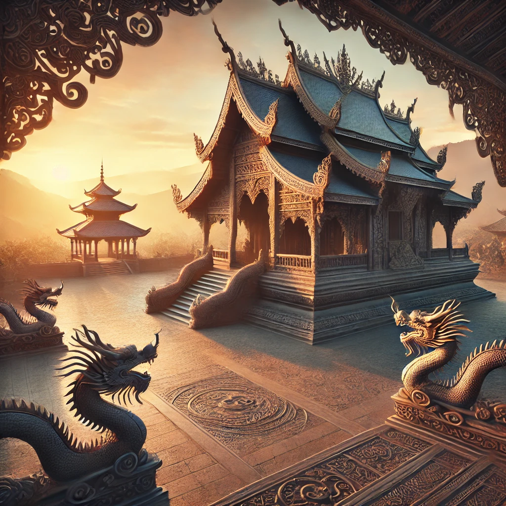 Ancient Buddhist temple at sunrise, featuring traditional architecture with curved roofs, ornate carvings, and dragon motifs, set against a serene backdrop