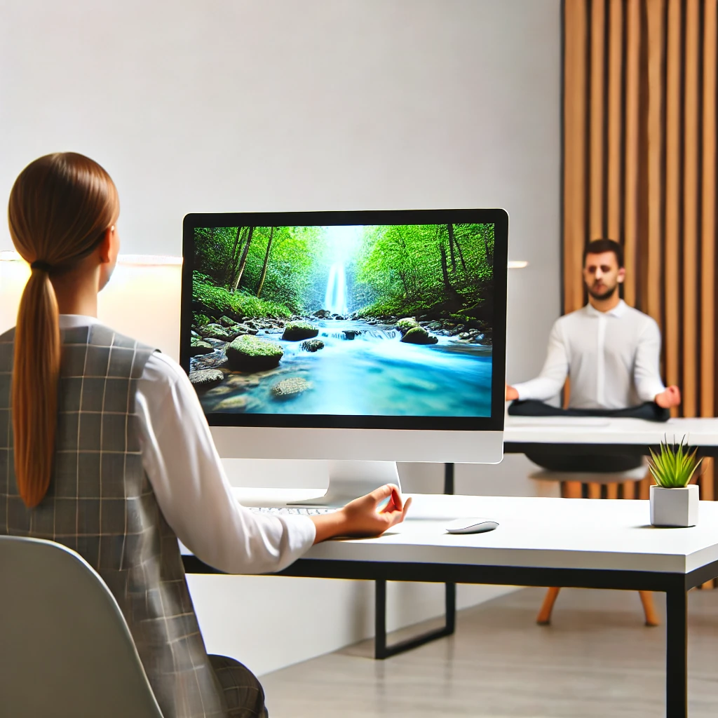 Calm office setting with a person meditating at a desk, eyes closed in a relaxed posture, with a computer screen showing nature imagery for stress relief