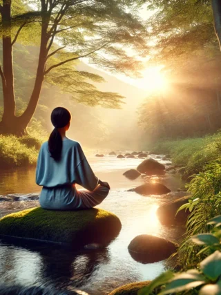 Mindfulness meditation beginner seated by calm stream at sunrise, serene nature setting for tranquility and focus, perfect for meditation guide