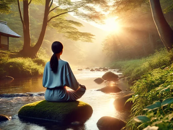 Mindfulness meditation beginner seated by calm stream at sunrise, serene nature setting for tranquility and focus, perfect for meditation guide