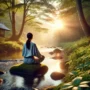 Mindfulness meditation beginner seated by calm stream at sunrise, serene nature setting for tranquility and focus, perfect for meditation guide