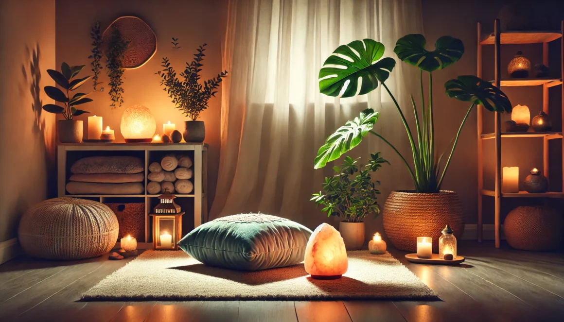 Cozy home meditation space with soft lighting, cushion, plant, candles, and Himalayan salt lamp