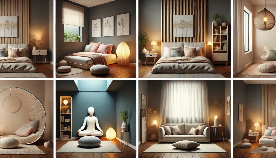 Home meditation spaces: bedroom corner, living room nook, meditation room with soft lighting and minimal decor