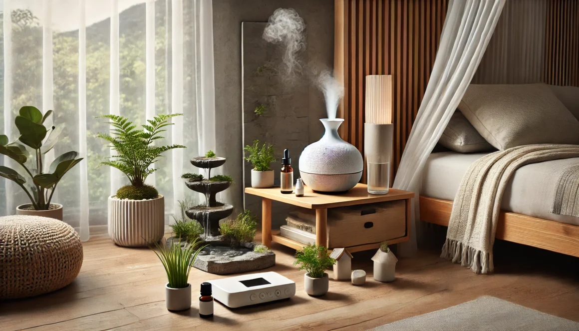 Meditation space with a diffuser, white noise machine, and small indoor fountain, designed for tranquility with minimal decor