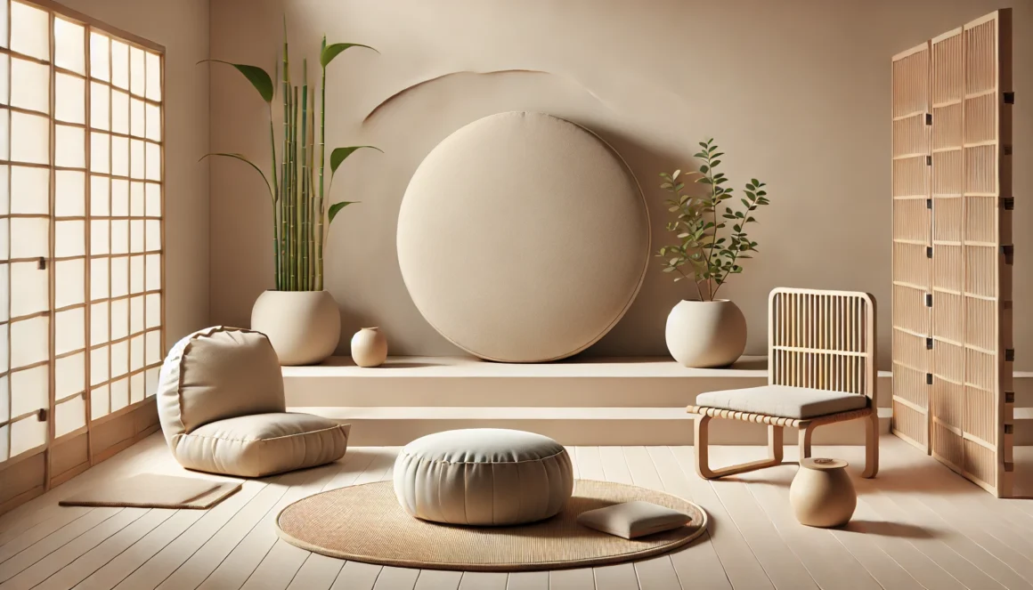 Tranquil environment with different meditation seating: a zafu cushion, a meditation chair, and a zabuton mat