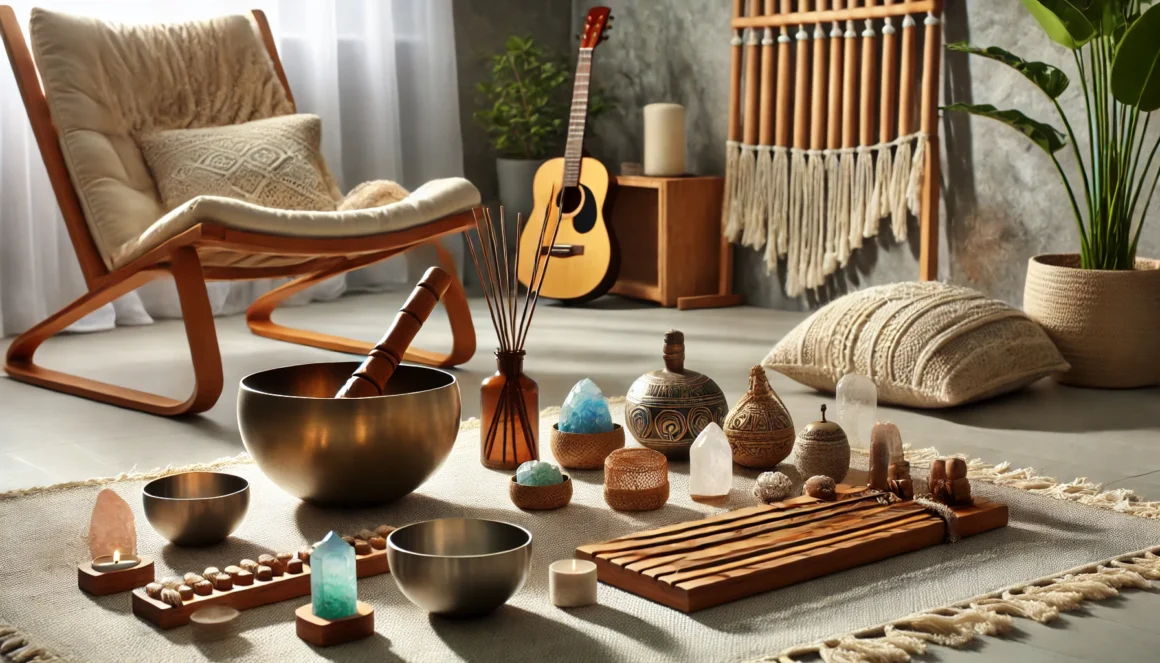 Meditation area with essential tools, including singing bowls, crystals, and incense sticks, arranged neatly in a tranquil environment