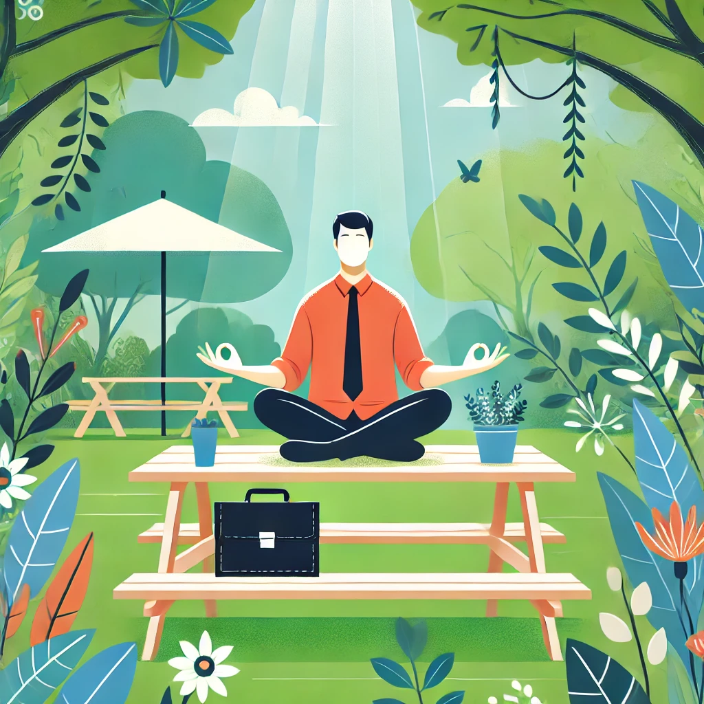 Person meditating during lunch break in a park surrounded by greenery