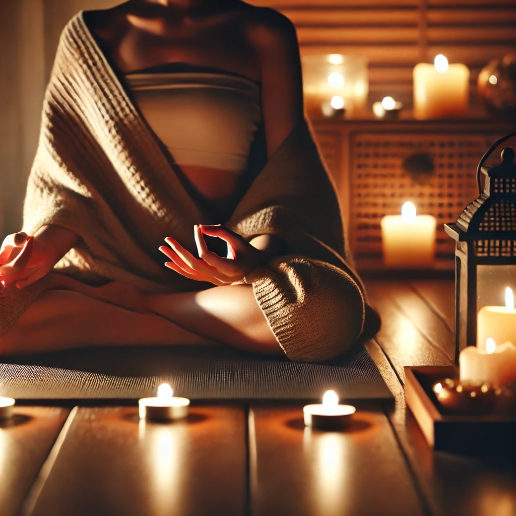 Person meditating in the evening with soft lighting and candles