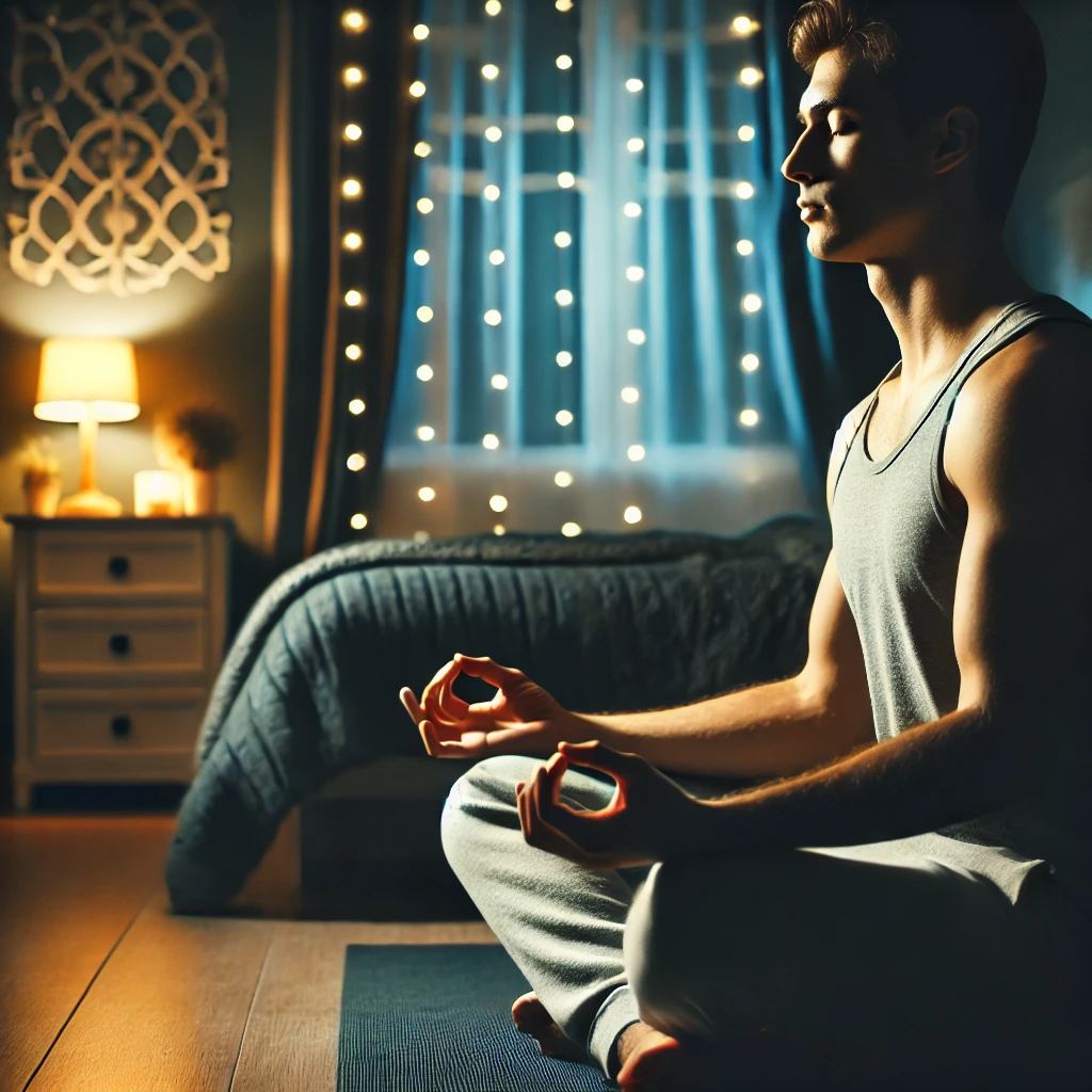 Person meditating at night in their bedroom with dim lights