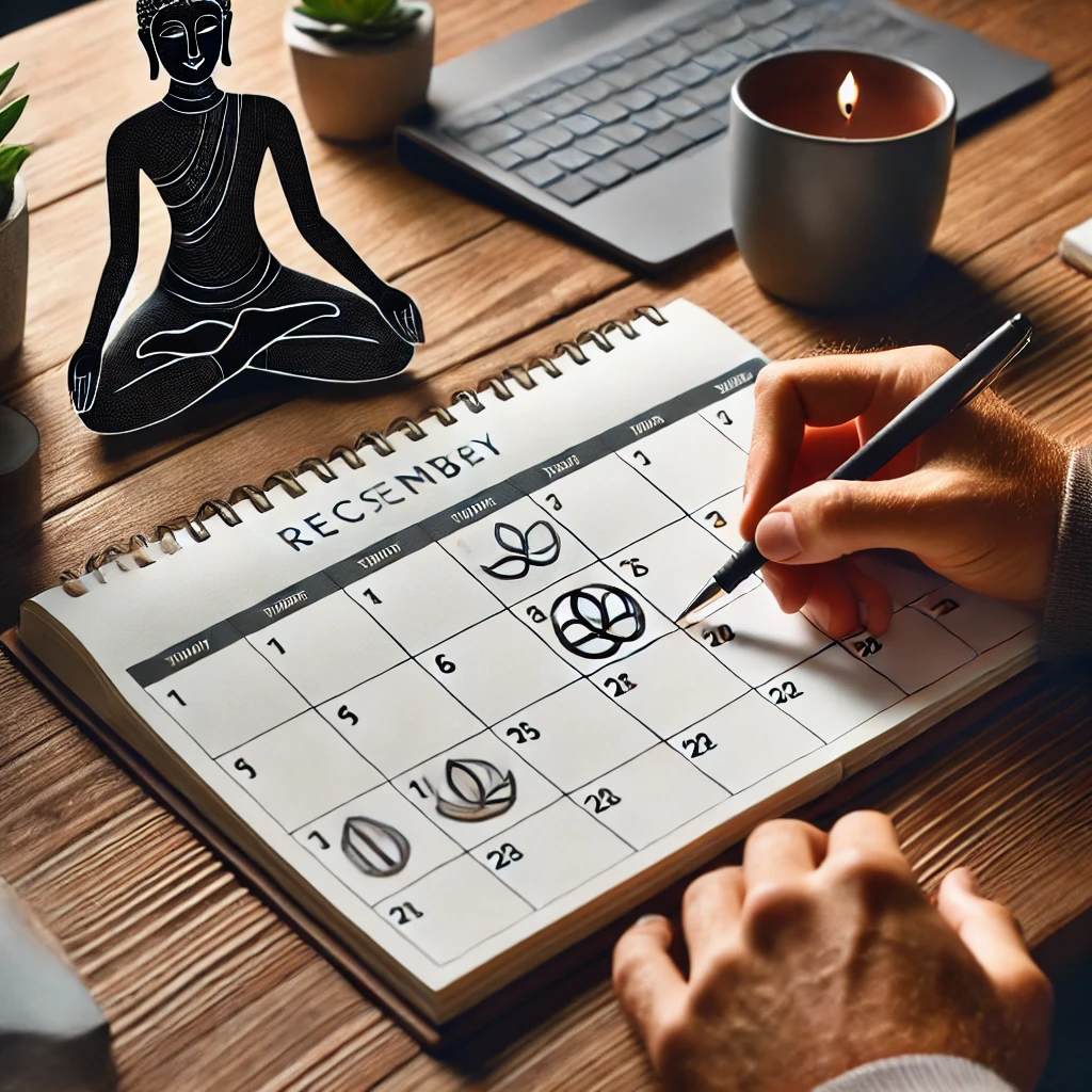 Person planning their meditation schedule on a calendar