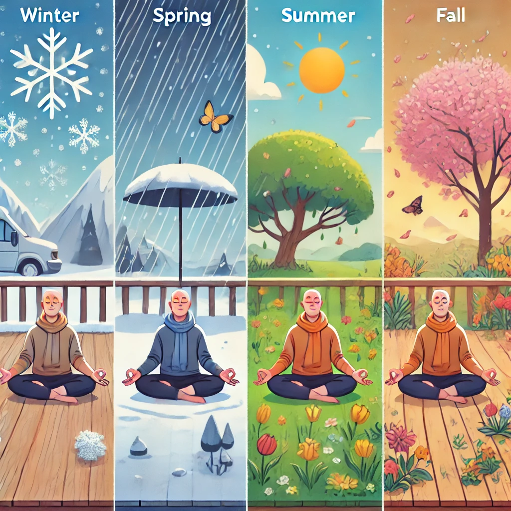 Person meditating outdoors in different seasons