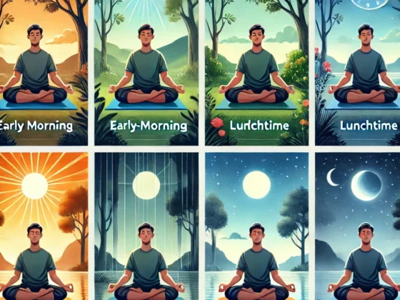 A peaceful scene with a person meditating at different times of the day: early morning, mid-morning, lunchtime, afternoon, evening, and night, surrounded by nature