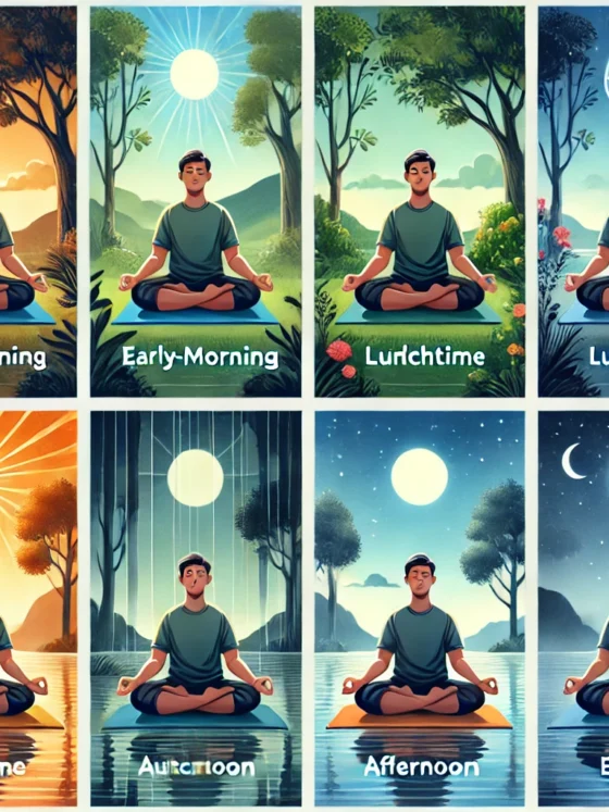 A peaceful scene with a person meditating at different times of the day: early morning, mid-morning, lunchtime, afternoon, evening, and night, surrounded by nature