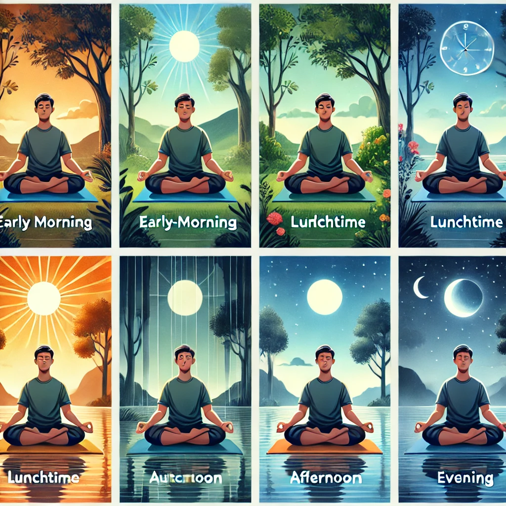 A peaceful scene with a person meditating at different times of the day: early morning, mid-morning, lunchtime, afternoon, evening, and night, surrounded by nature