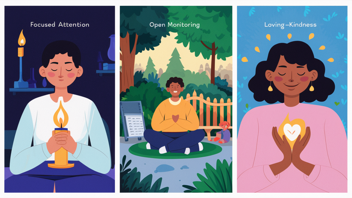 Illustration of three different meditation techniques: 1) A person indoors focusing on a candle for Focused Attention. 2) Someone in a park observing their surroundings for Open Monitoring. 3) A person with a gentle smile, practicing Loving-Kindness meditation.