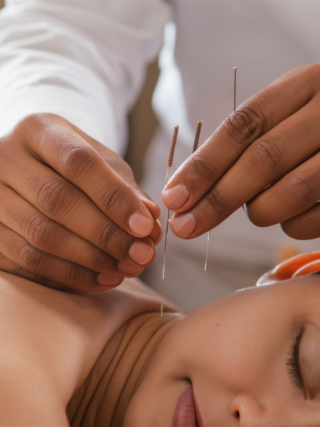 Person meditating with acupuncture needles