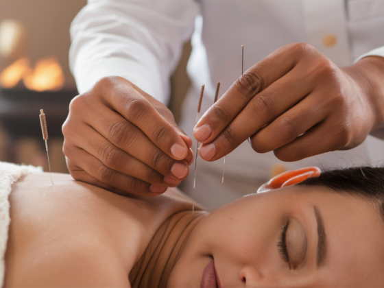 Person meditating with acupuncture needles