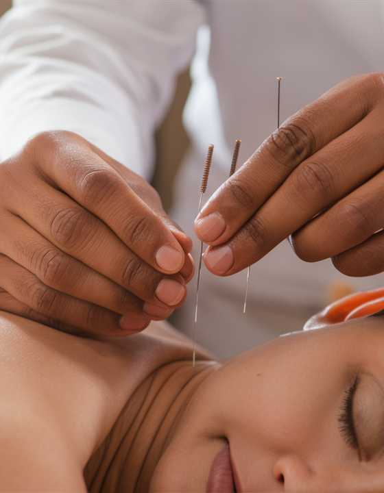 Person meditating with acupuncture needles