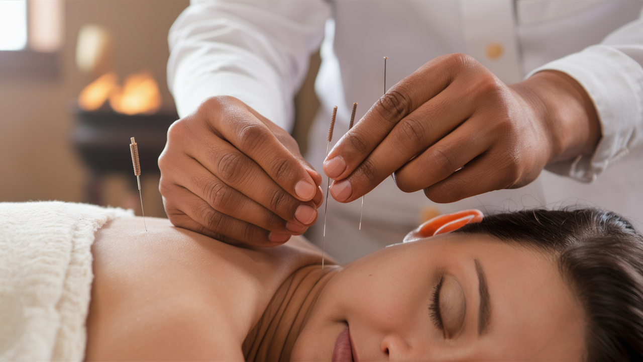 Person meditating with acupuncture needles